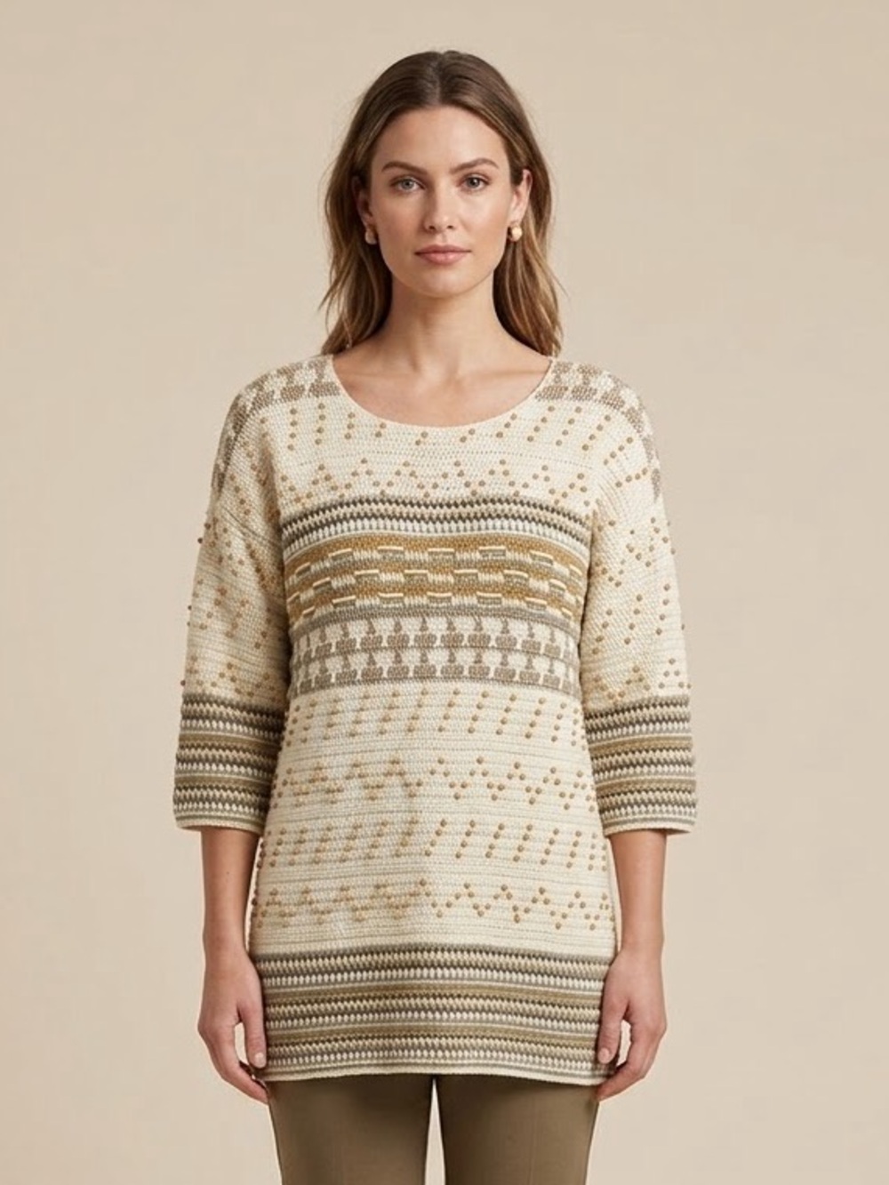 VTG Jennifer Reed Hand Knitted Beaded Crochet Tunic Sweater Cream Neutral Large